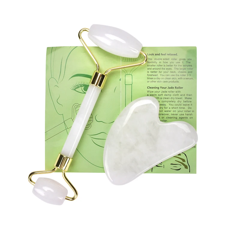 Custom logo crystal massage beauty white jade facial roller gua sha set with box