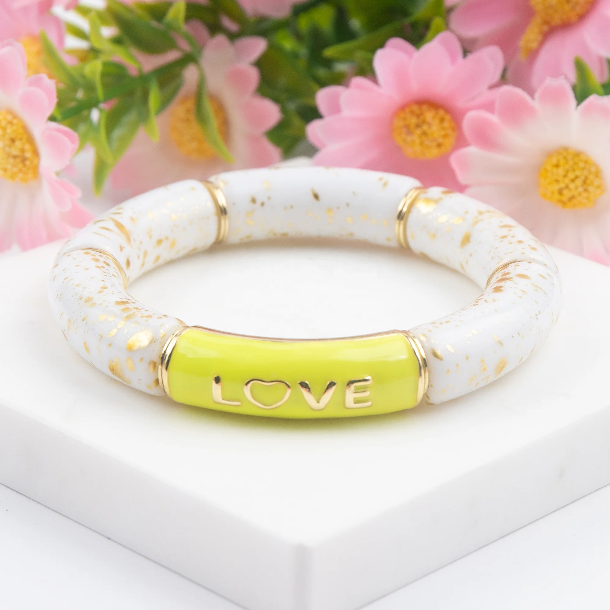 Rainbow Colorful Enamel Words Love Heart Beads Bracelets Bangles For Girls