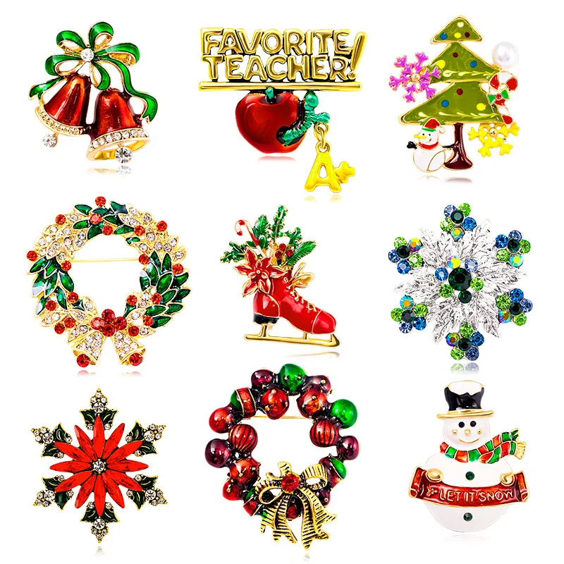 Christmas Tree Santa Snowflake Brooch Boots Snowman Bell Drops Oil Corsage