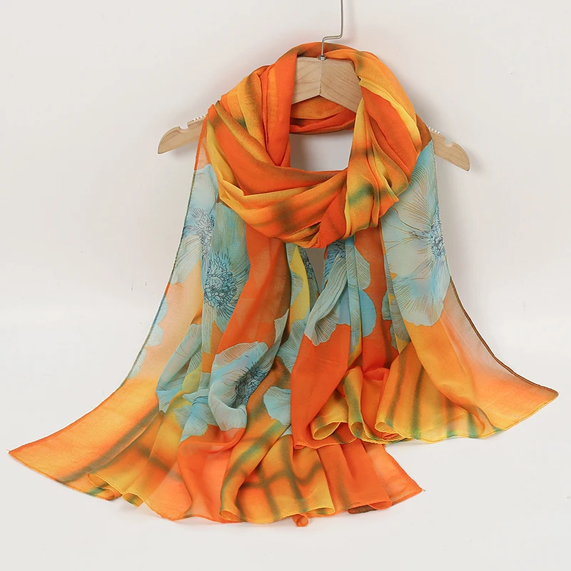 OEM Low MOQ Manufacture Long Print Scarf Lady Satin Silk Scarf Summer Shawl for Woman