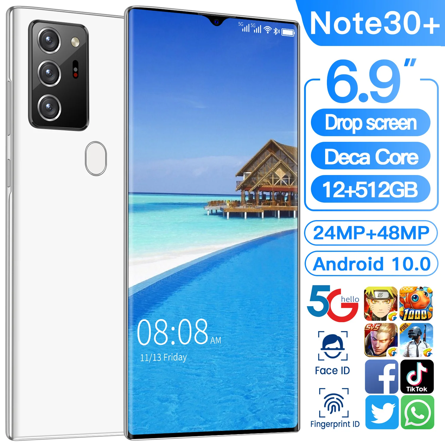 Мобильный телефон Note30 +, 6,9 дюйма, лидер продаж, камера 24 Мп + 48 МП, игровой смартфон с функцией распознавания лица