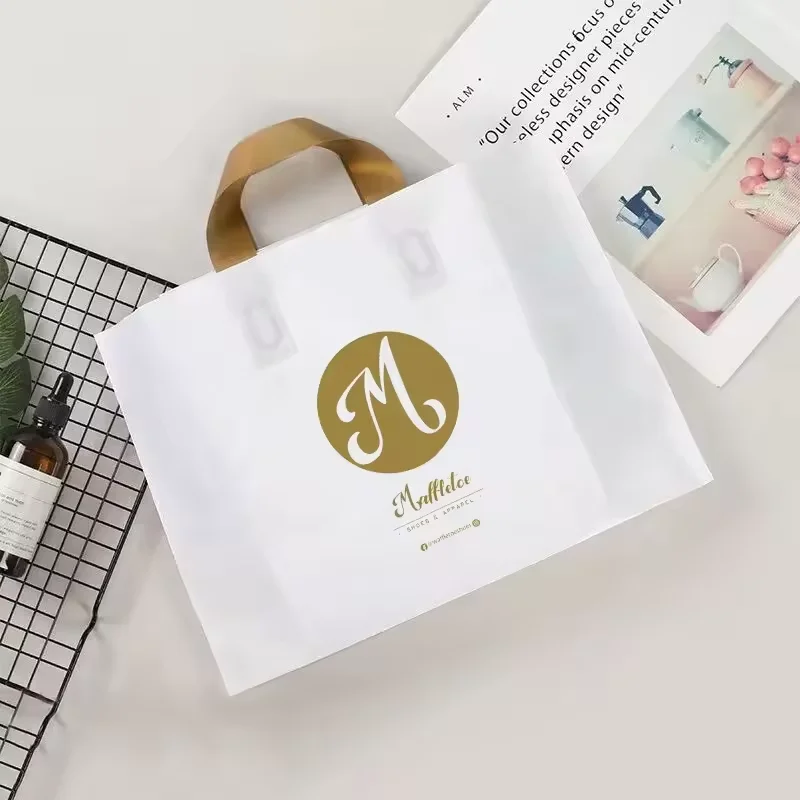 Custom LDPE/HDPE Tote Shopping Plastic Bag Loop Handles Widened Bottom Gravure Printing Die Cut Clothing Packaging Own Logo