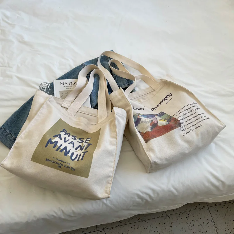 High Quality New Style Custom Printed large Canvas Shopping Bags Women Hand Bag Reusable Canvas Shopping Bag