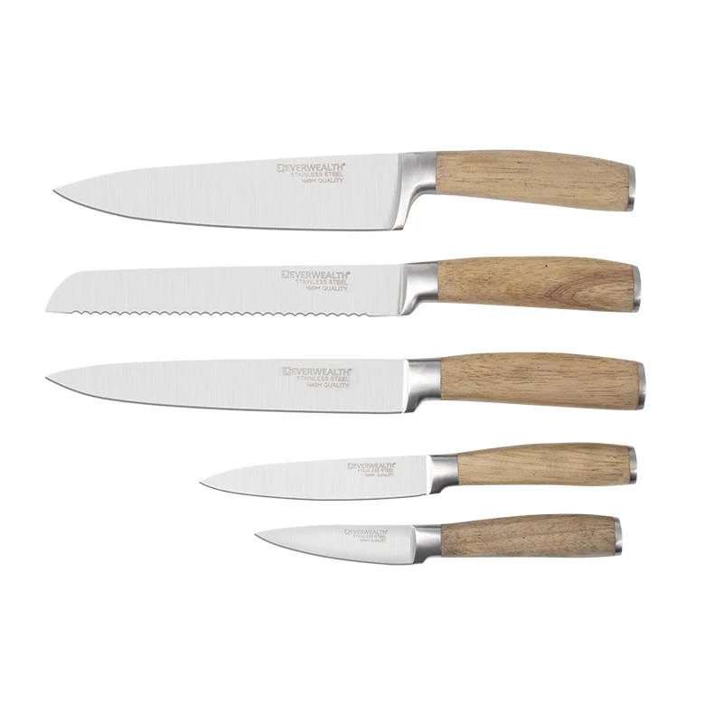 2024 best selling 6pcs kitchen knife wooden block set rubber wood handle