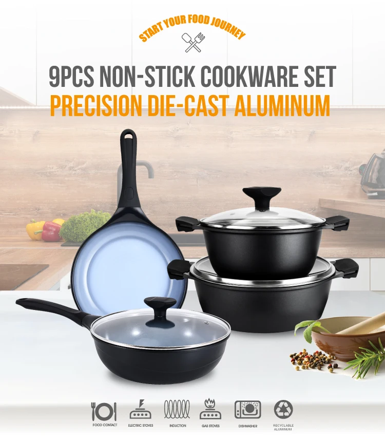 Hot Chinese Supplier High Quality 9Piece Kitchen Cooking Pots And Pans Cast Aluminum Non Stick Frying Pan Cookware Sets