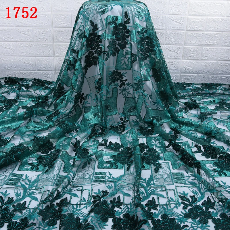 French Lace Crystal Beaded Fabric Green Pearl Beads Embroidery Designs African Sequins Tulle Lace Fabrics 5 yard 1752