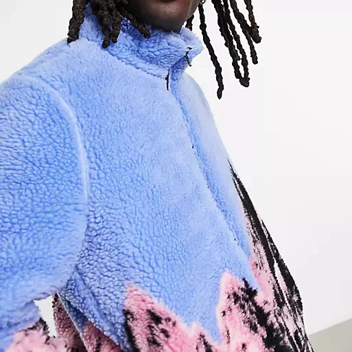 OEM custom high quality warm zip fly pocket jacket for man oversized colorful scenic digital print jacket sherpa