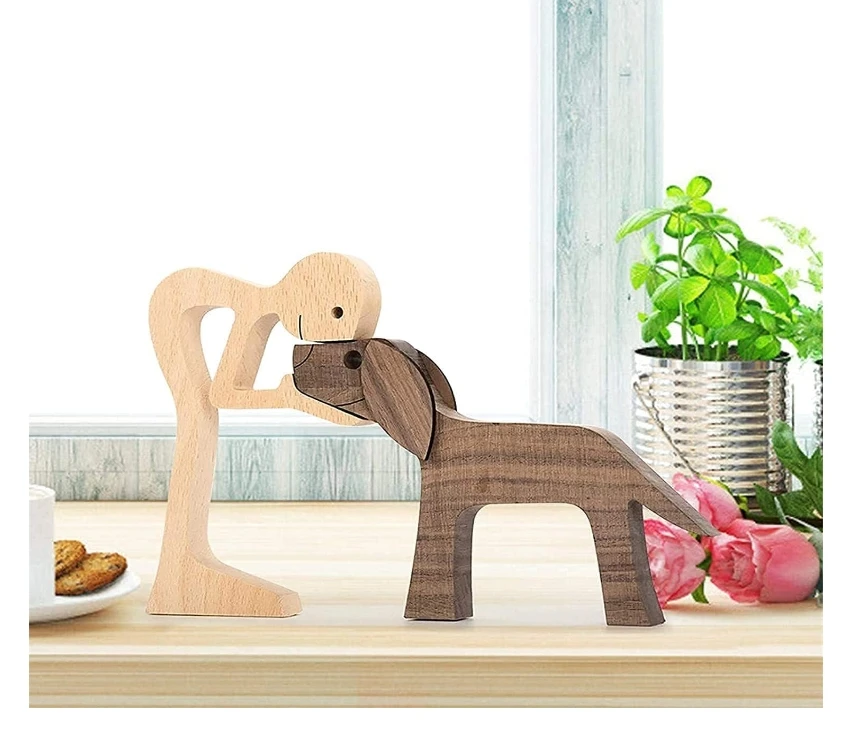 Animal Decor Wooden Statue Man and Cat Figurines Decor Carved Wood Decorative Sculpture