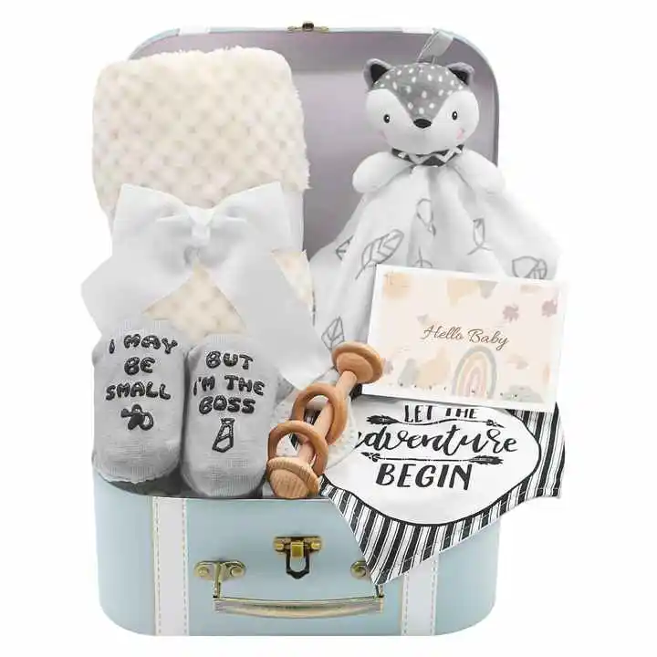 2024 New baby CLOTHING TOYS gift box Baby Security Blanket Wooden Rattle Toy Funny Baby Bibs Gift Set