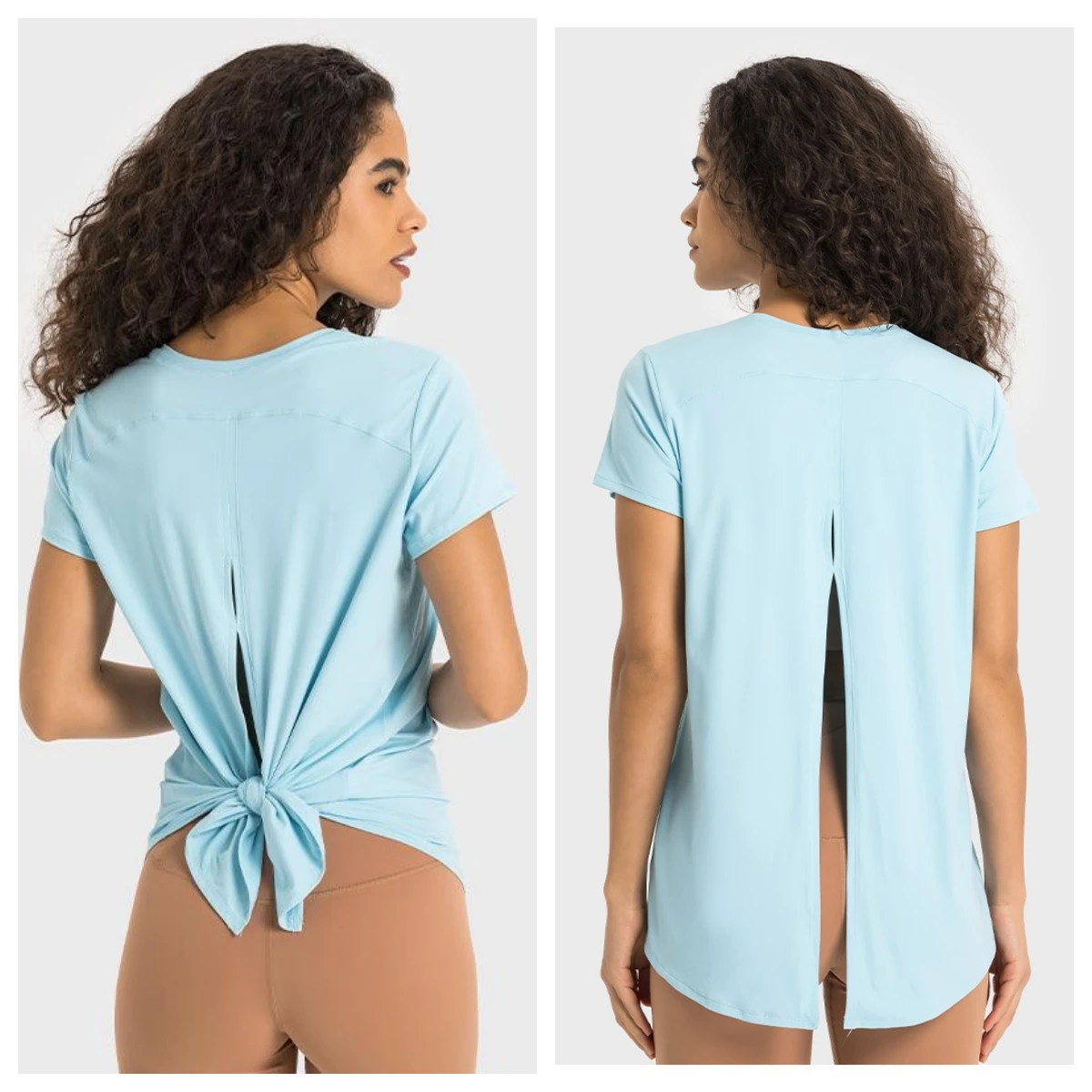 SHWL-Y2356  Custom Quick Dry Cool Fabric Hollow Out Back Boe Tie Short Sleeve Gym Top Breathable Lightweight Performance  Shirts