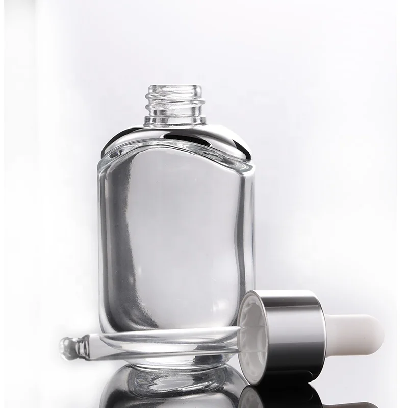 Wholesale transparent flat square glass dropper bottle 30ml glass bottles with gold silver dropper cap