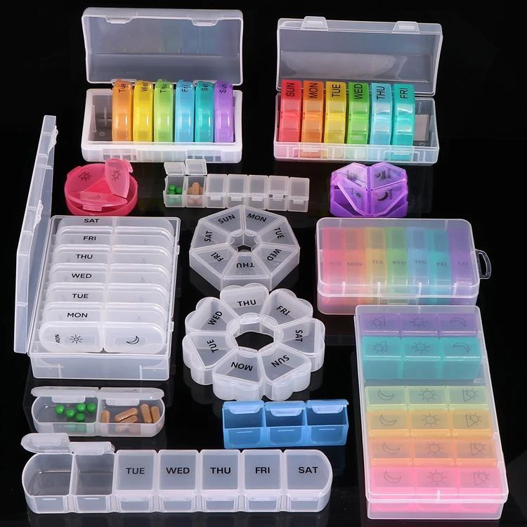 Yuzmei 7Day Pill Planner Organizer 28 Compartment Portable Case Plastic Capsule Case Pill Dispenser Medicine Cutter Crusher Box