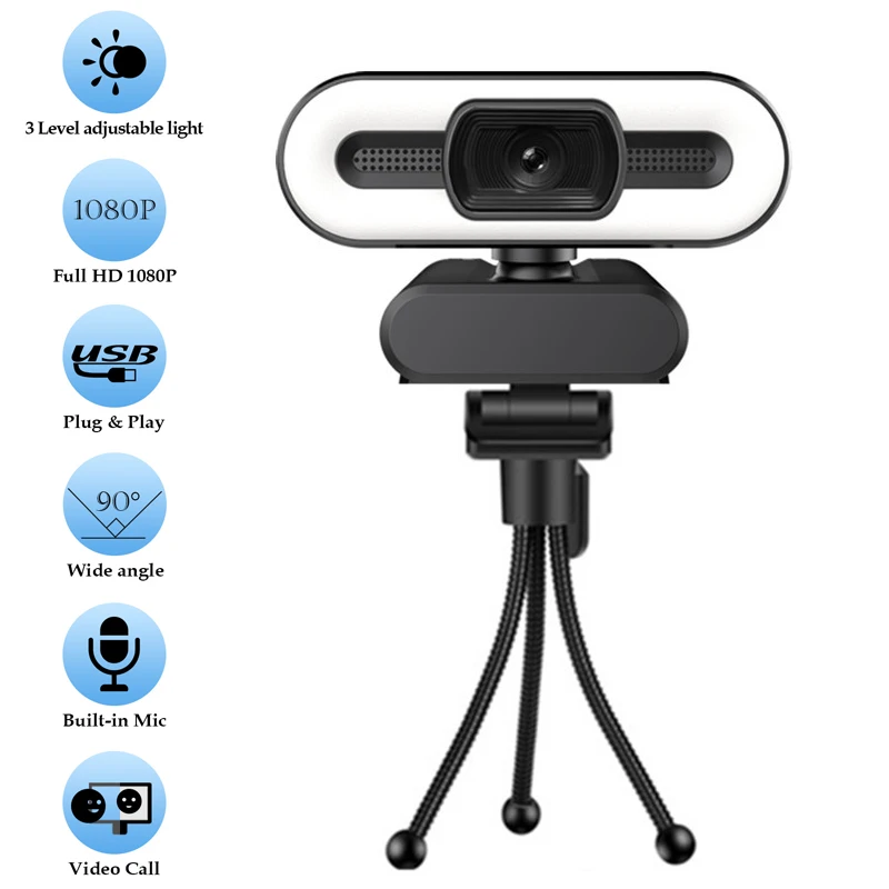 Webcam HD Webcam with Fill Light Rotatable Laptop Web Camera PC Computer Camera With Microphone For Youtube Video