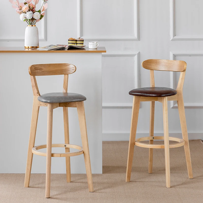 TS Hot Sale Cheap Bar Counter Stool Ash Solid Wood Modern Stool for Kitchen Leather Round Dining Chairs Bar Furniture
