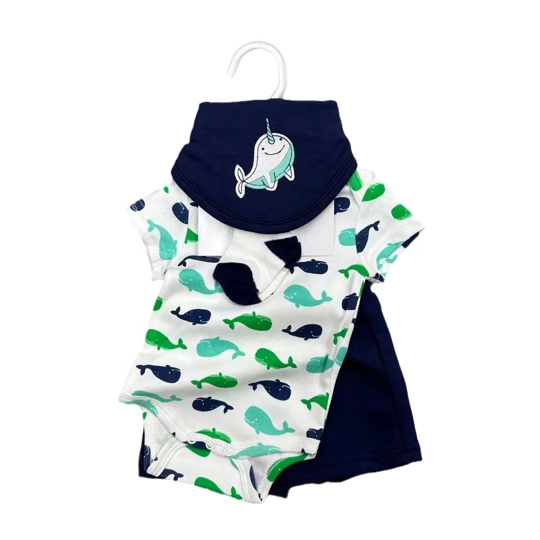 New Summer Baby Clothing for 2024 Baby 4 piece set Printed Cute Pattern Shorts Set Waffle Kids Shorts Set, summer baby clothing