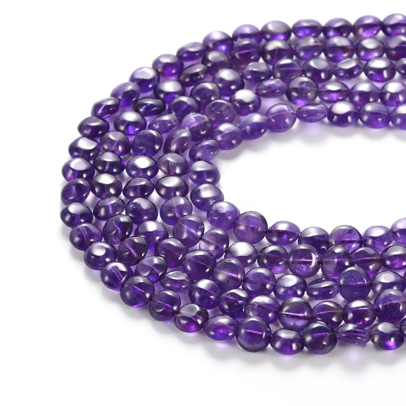 A Grade High Quality Semi- Precious Flat Puffy Round Healing Gem Stone Bead Natural Crystal Amethyst Beads For Jewelry Making