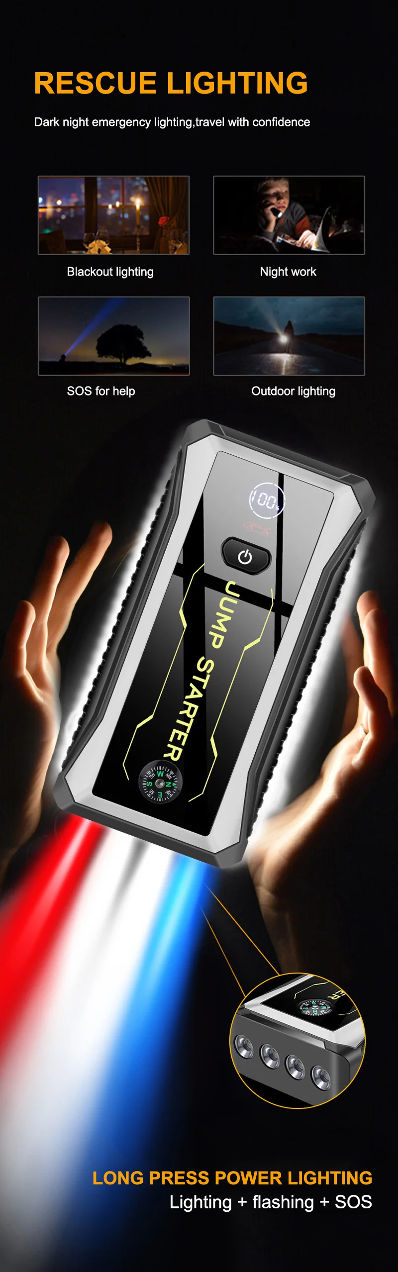 Custom logo 28000mAh portable vehicle jump starter flashlight high power jump starter auto powerbank with large display screen