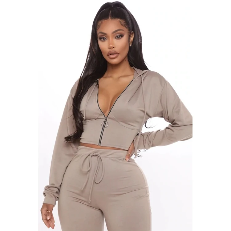 Hot Sale Custom Two Piece Set Tracksuit Women Zip Crop Tops Hoodie Joggers Sweat Suits Velour 2 Piece Sets Sweatsuit Tracksuit