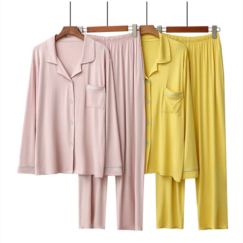 Aoyema Women Home Wear Clothing Long Sleeve Pajamas Sets Nightgown Sleepwear Solid Casual Nightwear Female Lapel Pyjamas