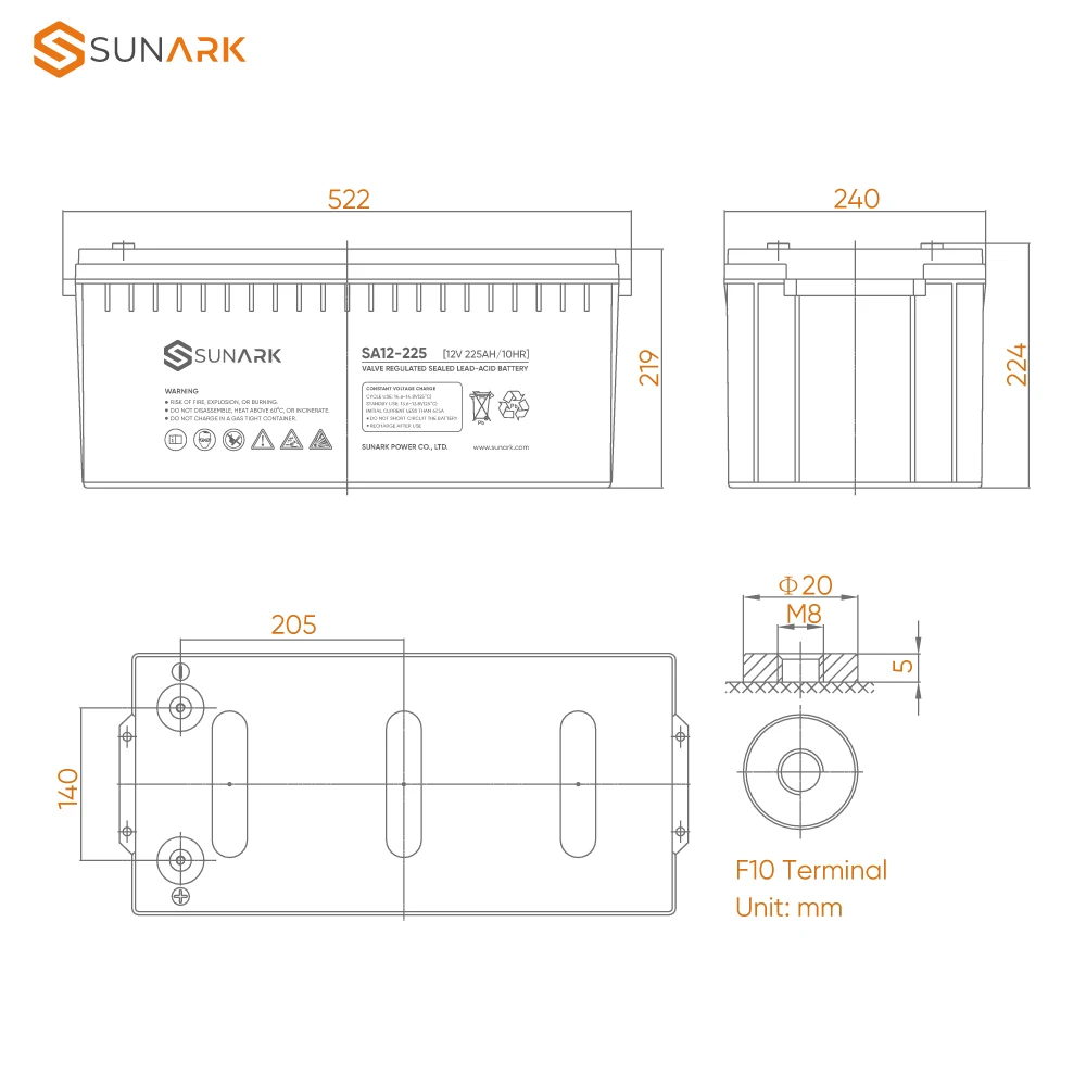 Sunark Lead Acid Inverter Battery 12V 220 Ah 225 Ah 230 Ah House Batteries Systems