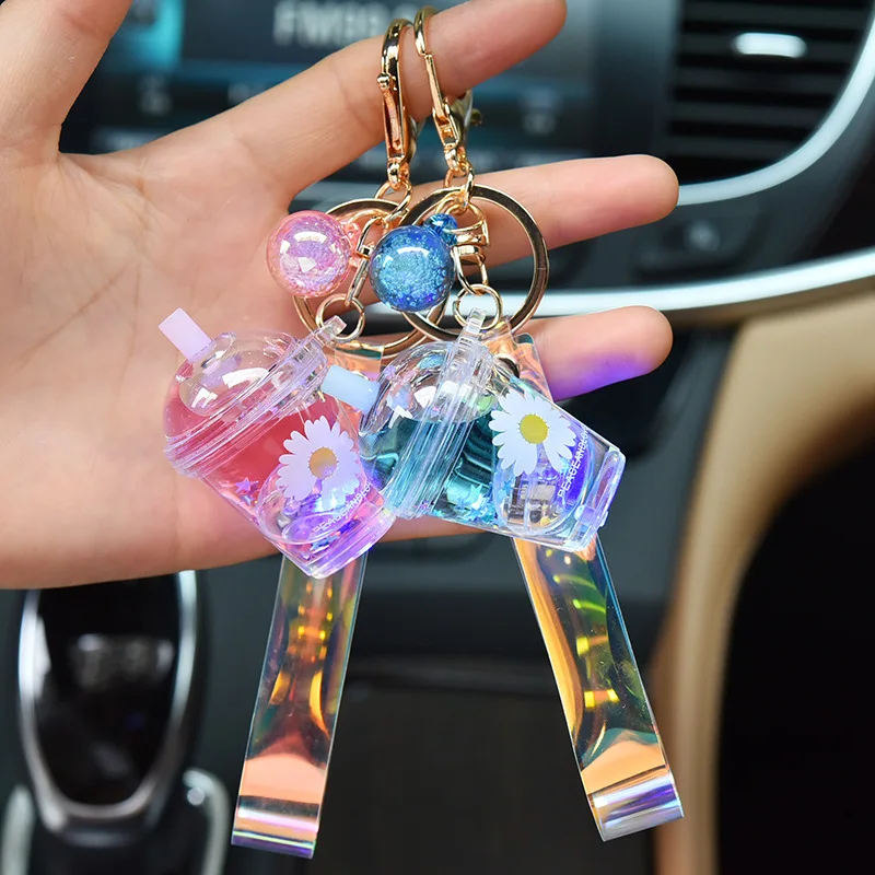 2020 New Creative  Luxury accessories bubble milk tea bottle liquid keychain keyring with flowers
