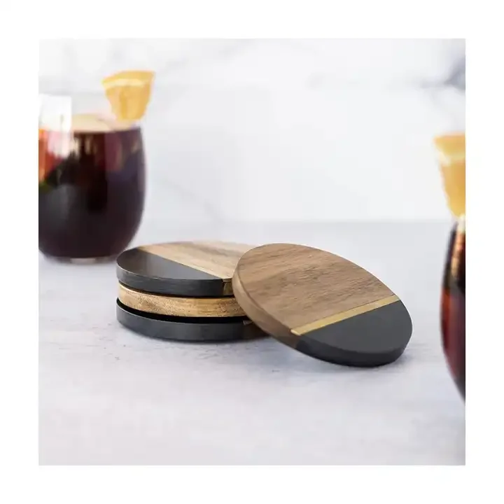 Wholesale best Selling Christmas Drink Round acacia wooden marble Coaster With Brass Strap