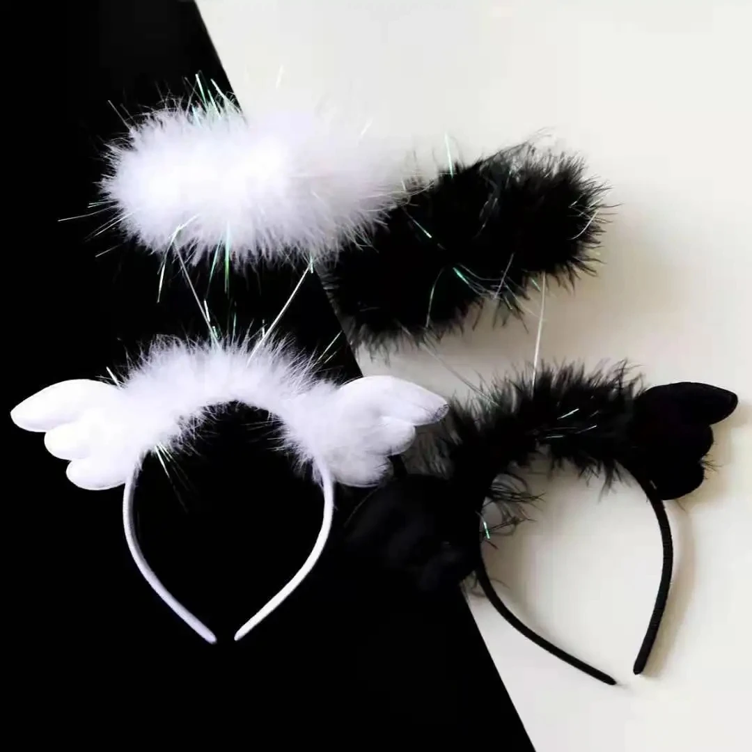 Wholesale Bridesmaid Wedding Party Show Girls LED Light Angle fur Headband Women Toy Plush Flashing Wing LED Headband Headpiece