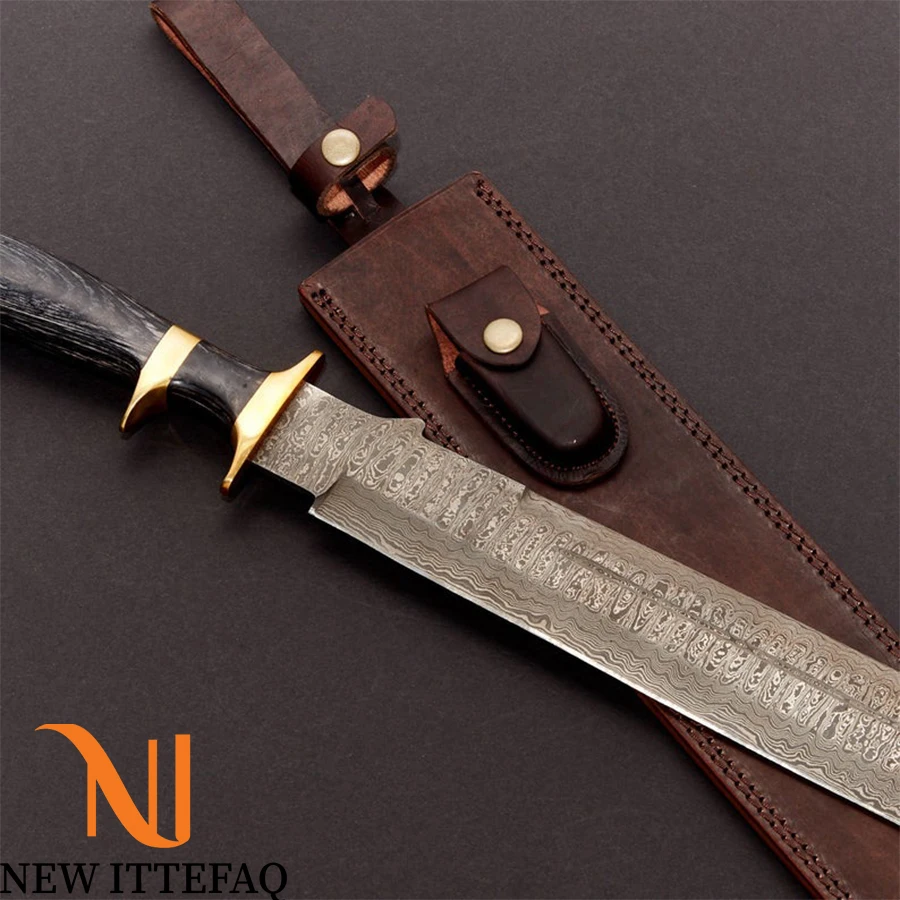 
NEW ITTEFAQ | Custom handmade Damascus steel out door big hunting knife with custom leather sheath 