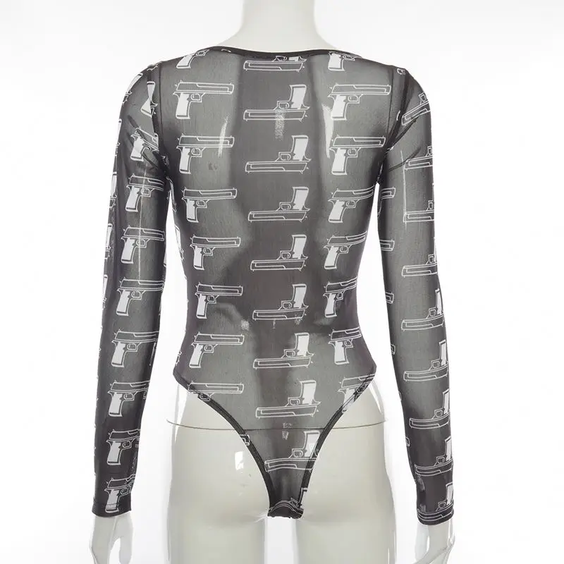 
A908B Spring Pistol Black O Neck Bodysuits Women Casual Long Sleeve Elastic Print Rompers Short Lady Skinny Body Top 