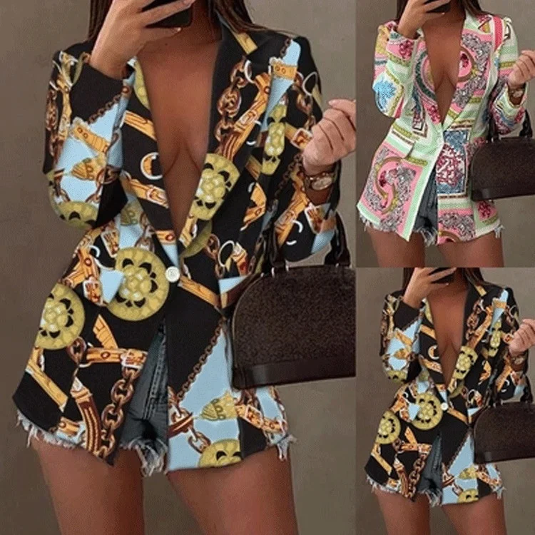 Autumn Long Sleeves Buttons Print Floral Women Office Blazer Jacket