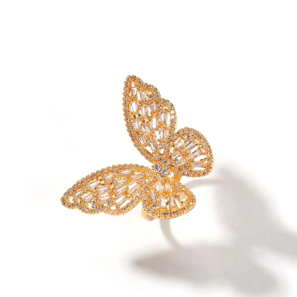 Luxury Bling Diamond 3D Big Butterfly Ring Women Girl Party Wedding Rings Jewelry
