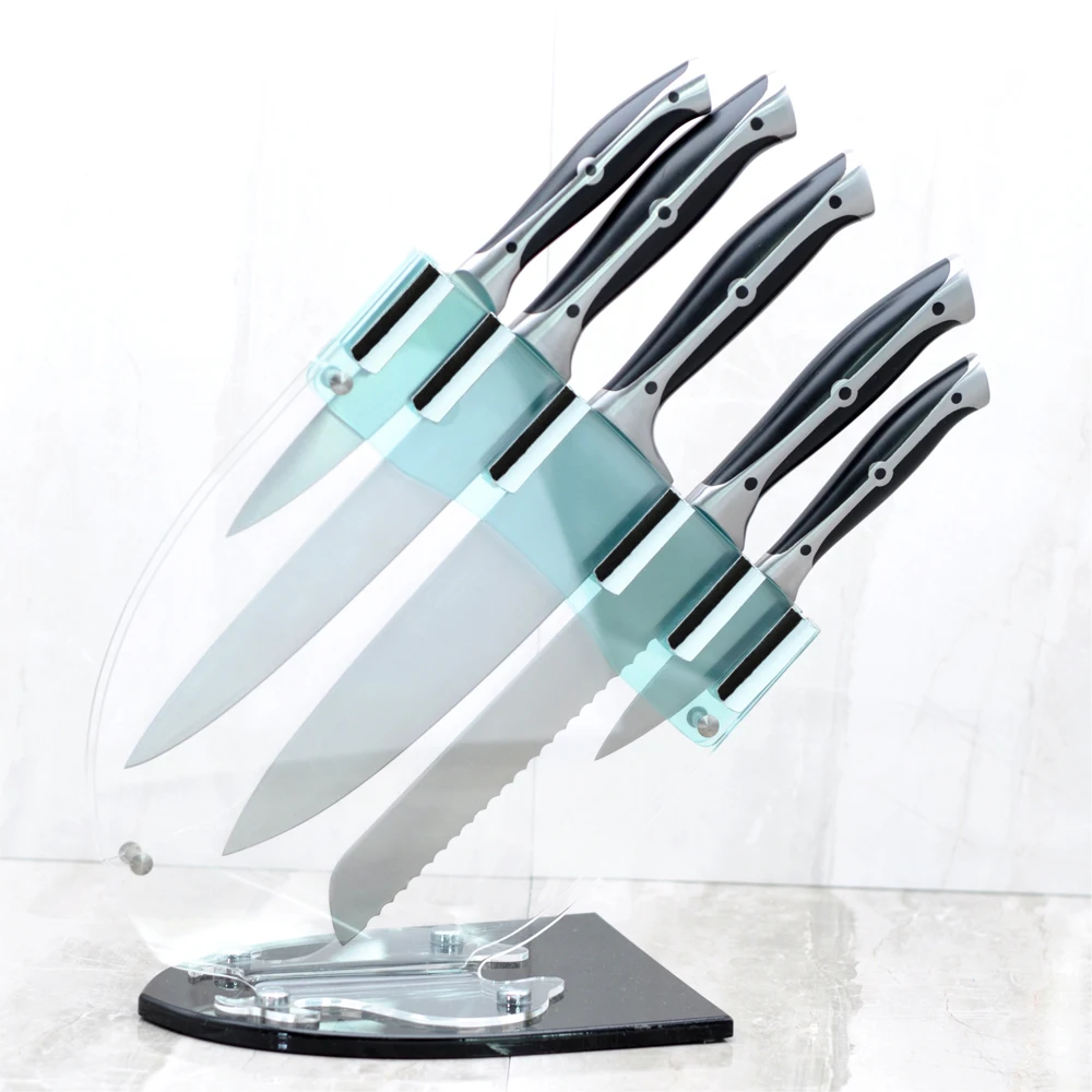 
5 pcs ABS handle stainless steel kitchen knife set with acrylic block customized logo 