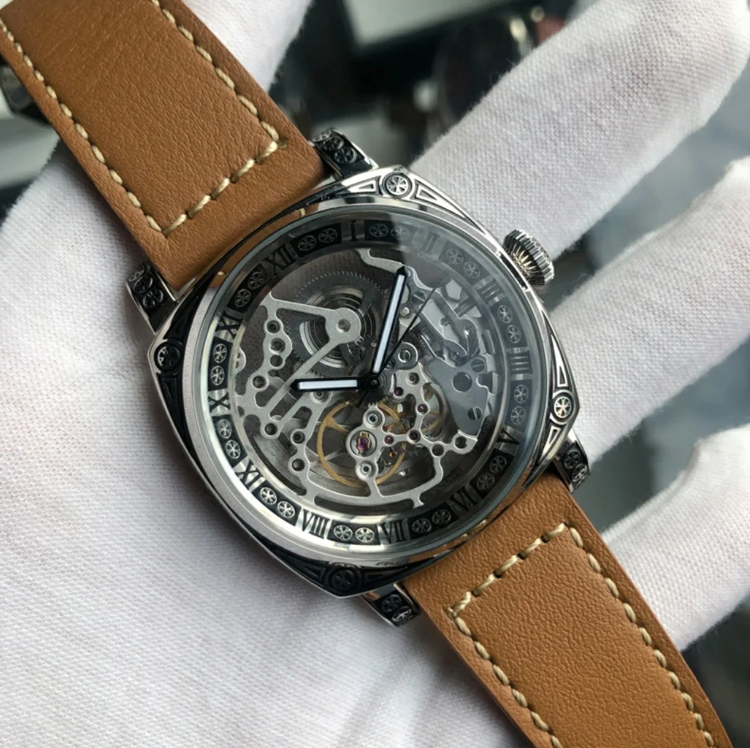 Hot sell high quality stainless steel square carving sapphire waterproof luxury mechanical watch men