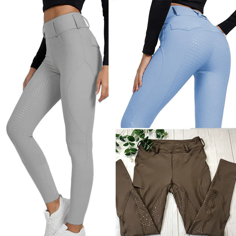 New Arrival Light Blue Women Riding Breeches Full Seat silicone Four Ways Stretch Riding Pants Leggings Equestrian Clothing