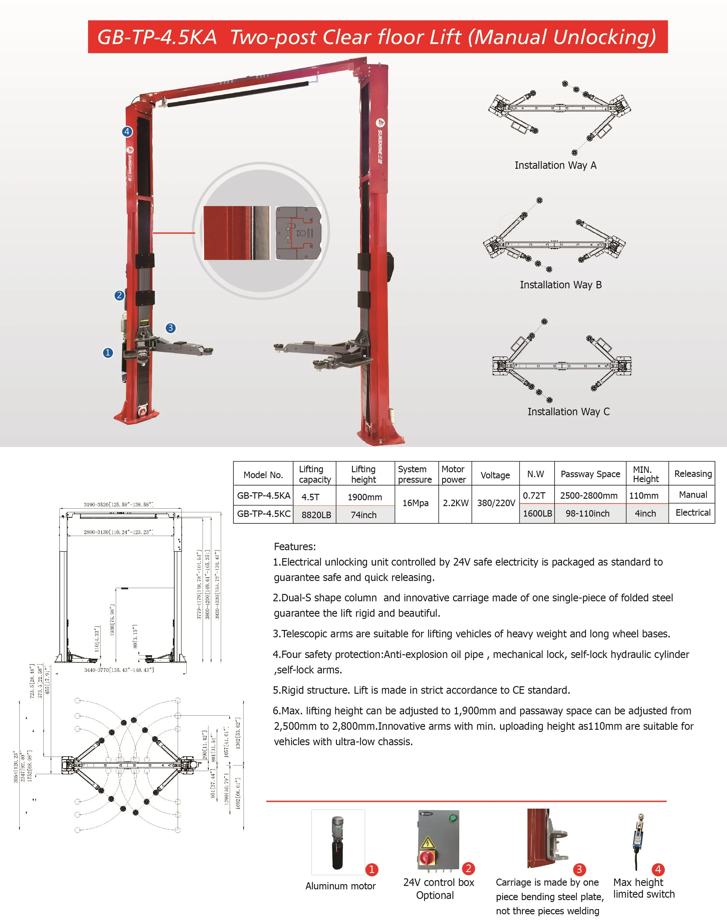 SUNSHINE 2 post lifter,  2 post lift ,hydraulic hoist  with  CE