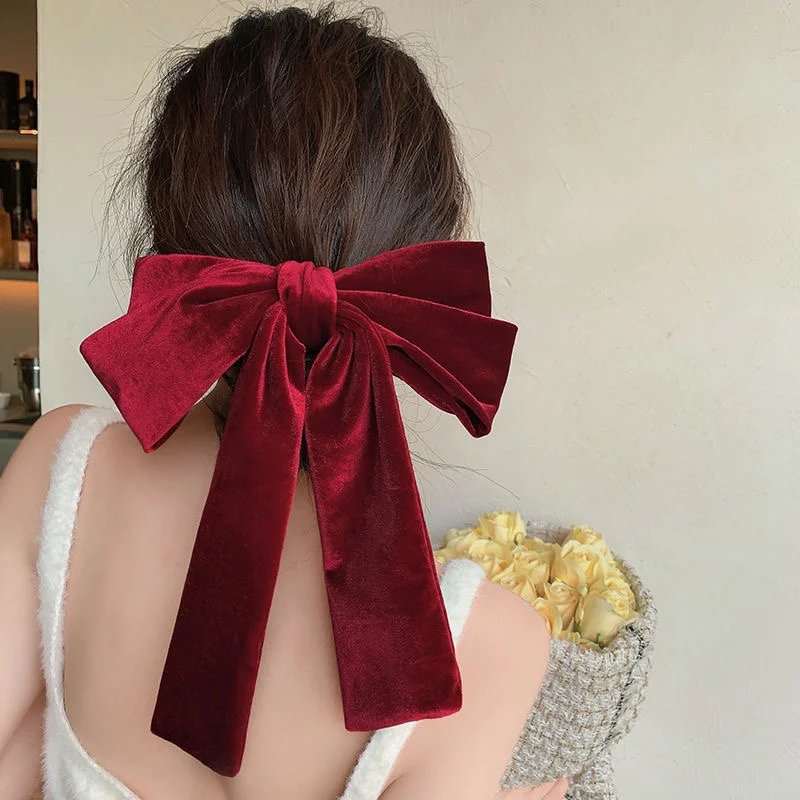 MIO Large velvet hair spring clip big bowtie sweet for lady red velvet bowknot women long tassel ribbon hairpins handmade