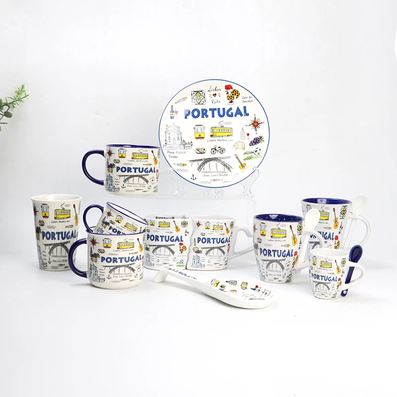 Wholesale custom printing Portugal city souvenir food dinner round plates ceramic dish