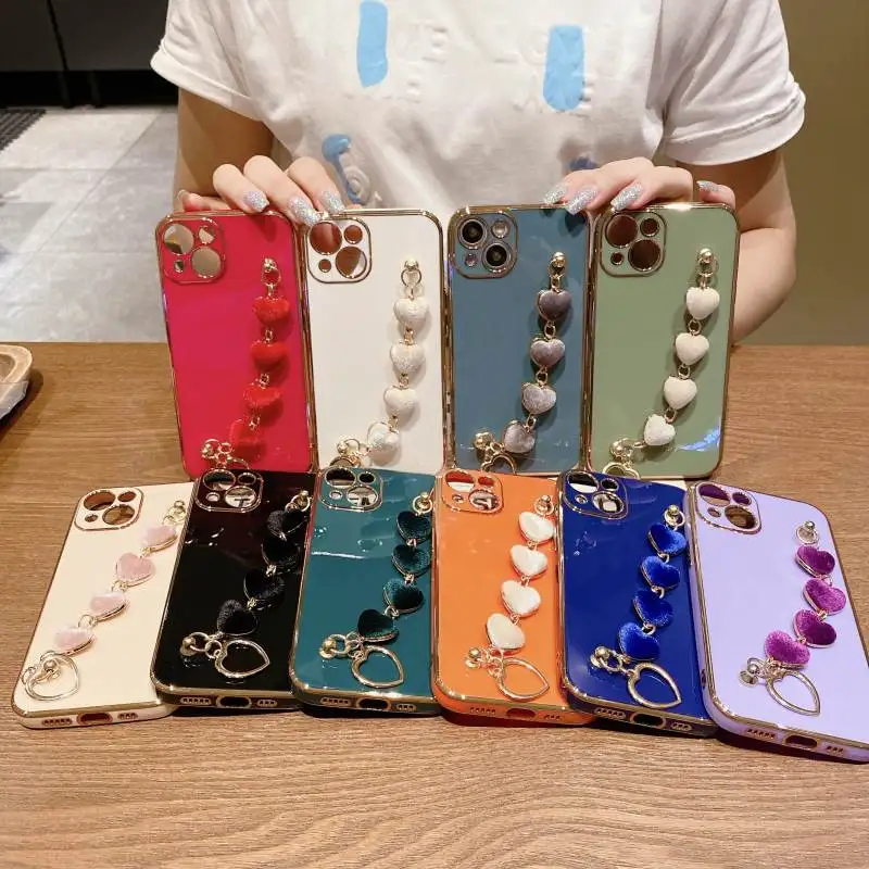 Mobile Accessories With Plush Love Wrist band 2023 Hot Selling 6D Plating Purple Colors Phone Case For iPhone 14 Pro Max + Plus