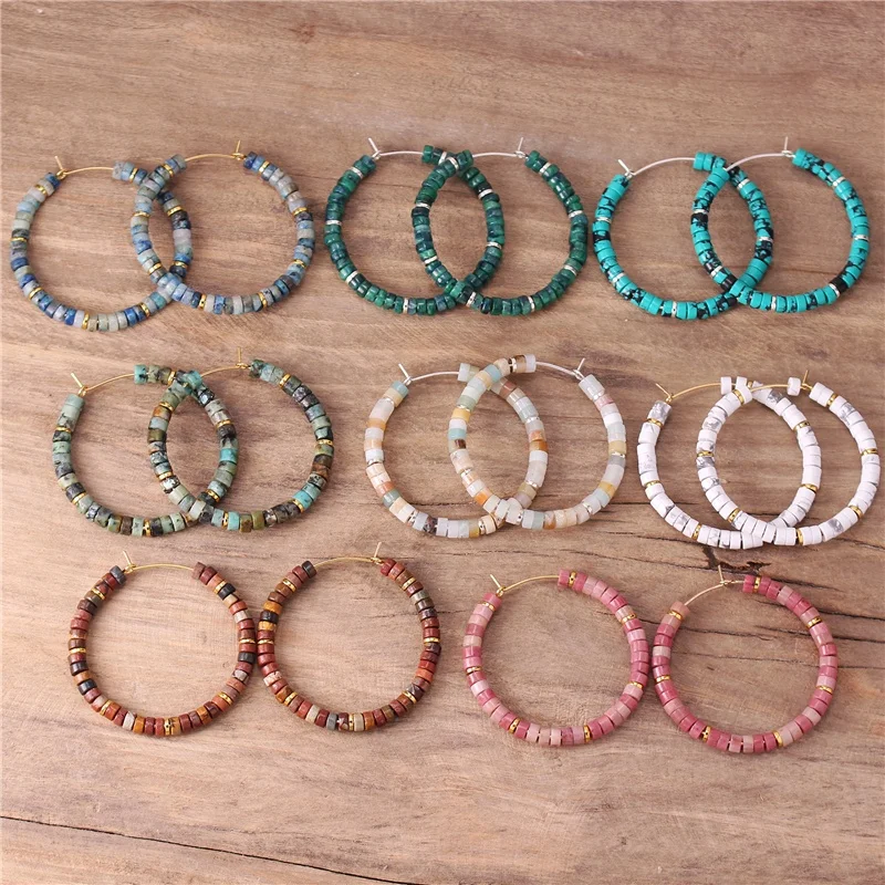 Bohemia 2x4mm Tile Natural Stone Beaded Drop Hoop Earrings Boho Gemstones Dangle Earrings Jewelry for Women Wholesale Dropship