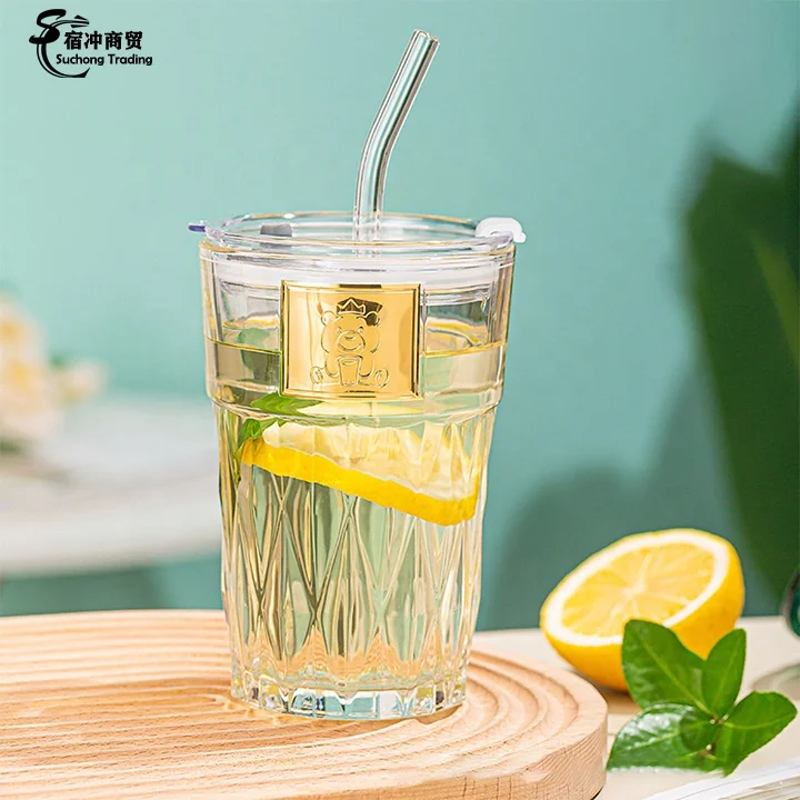 Little Bear Flower Clear Bamboo Glass Tea Coffee Cup Mugs With Lid And Straw