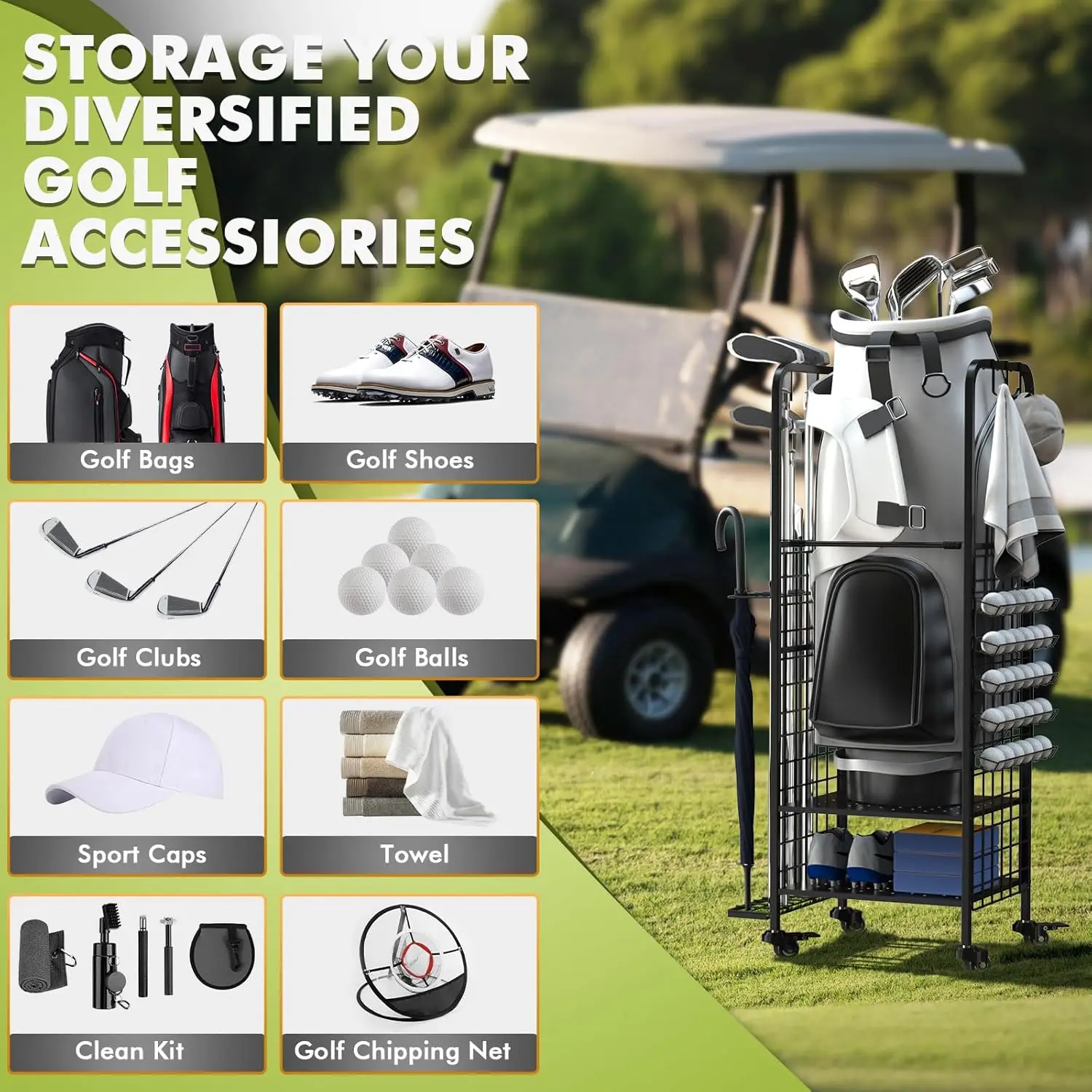 Golf bag storage cart Club holder and equipment accessory holder for garage club shed basement