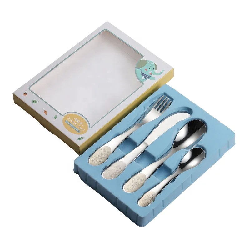 stainless steel 304 Food grade custom colorful pattern children tableware knife spoon fork kids 4-piece gift box cutlery set