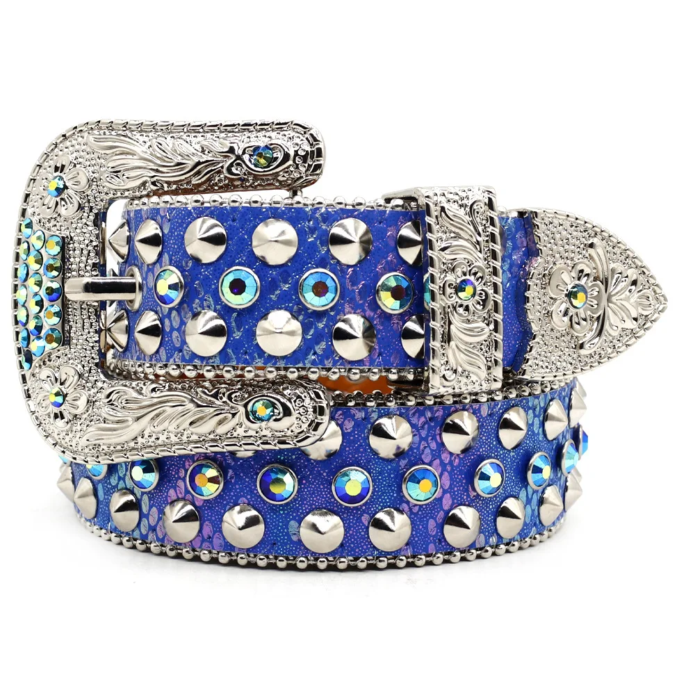 New Style Western Cowboy Rhinestone Belt Blue Color Diamond Studded Punk Design Woman Belt