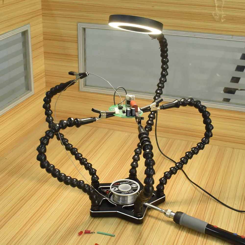 Soldering Third Hand Soldering Station 5Pcs Flexible Arms with 3X LED Magnifying Glass for Aircraft PCB Welding Repair Holder