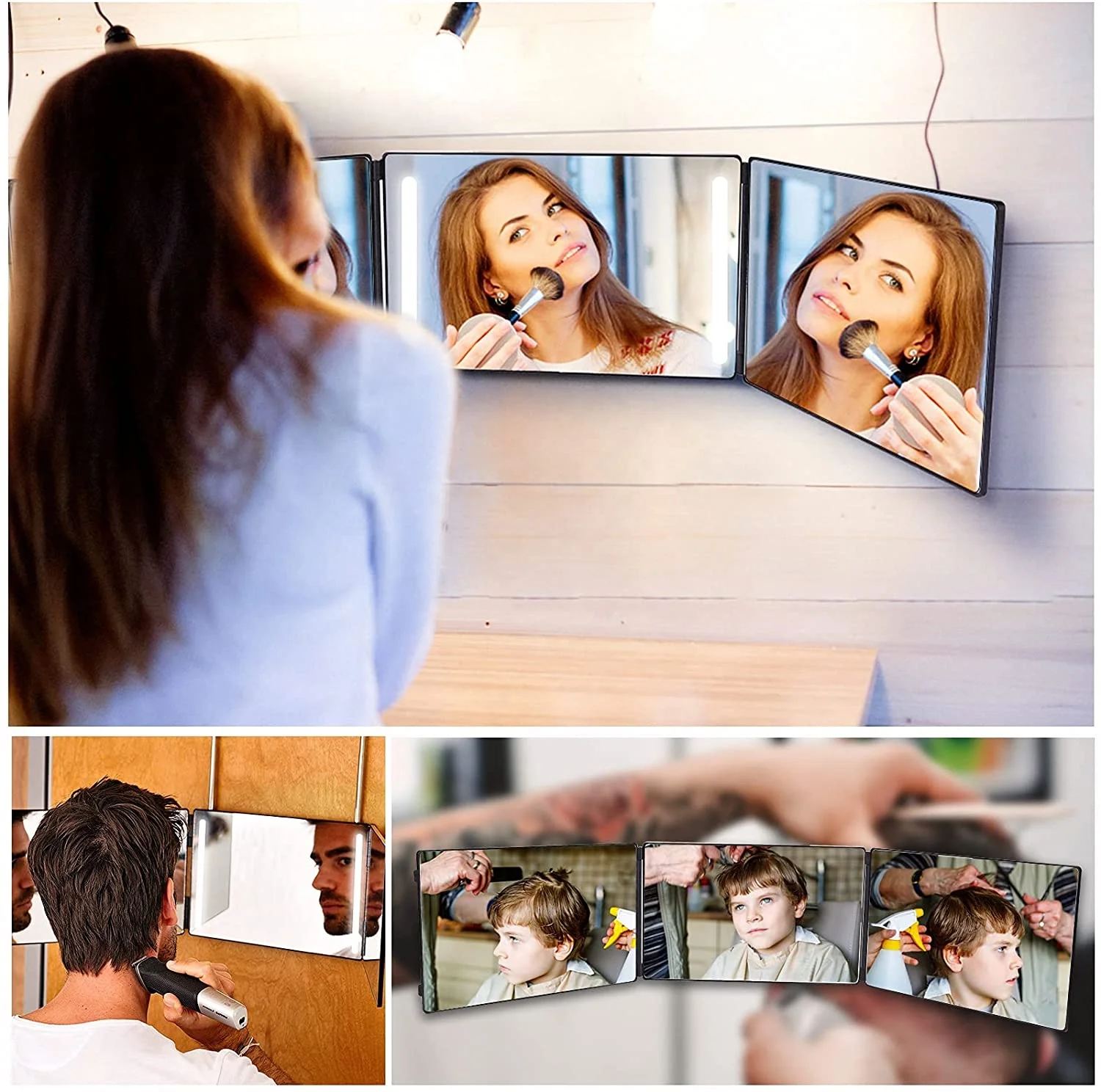 Biumart New Makeup Mirror Light DIY Haircut Tool Trifold Mirror for Self Hair Cutting and Styling