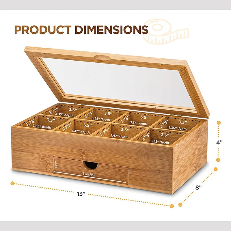 Christmas Gift Multi-functional 8 Slots Tea And Coffee Bag Storage Wooden Chest Bamboo Organizer Box For Countertop & Drawer