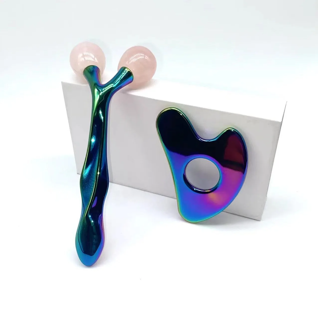 Natural Jade Massager Massage 24k Gold Gradient Color Face Lift Bar V Face Creator Facial Rose Quartz 3D Jade Roller Gua Sha Set