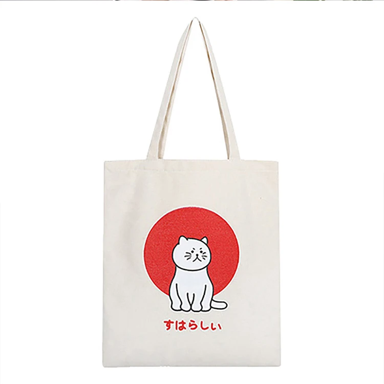 Custom logo printed cheap reusable cat plain black canvas tote shopping 100% cotton bag