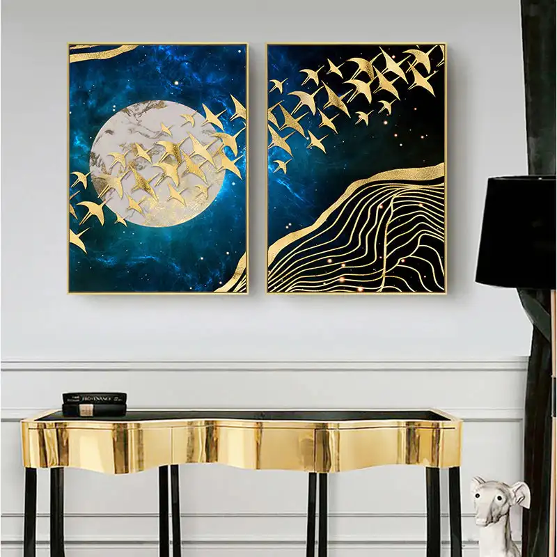auspicious golden birds moonlight  wall art fine art canvas prints modern pictures for living room dining room bedroom art decor