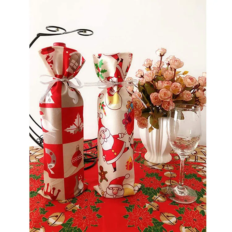 Custom Santa Wine Bottle Cover Christmas Dinner Party Table Decor Wine Gift Bags Merry Non Woven Christmas Cotton Bag 14 Folding